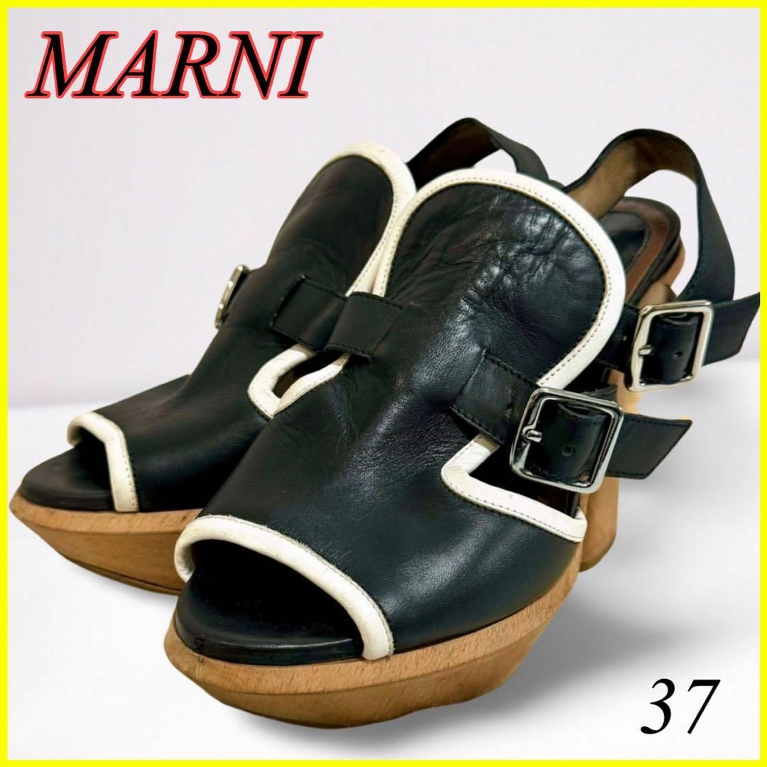 Marni(マルニ)の【美品】MARNI マルニ サンダル ウッドソール 黒 レザー 37 24㎝ 袋 レディースの靴/シューズ(サンダル)の商品写真