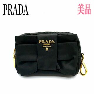 プラダ(PRADA)のPRADA プラダ マルチケース 化粧ポーチ 小物 リボン ブラック系×ゴールド(ポーチ)