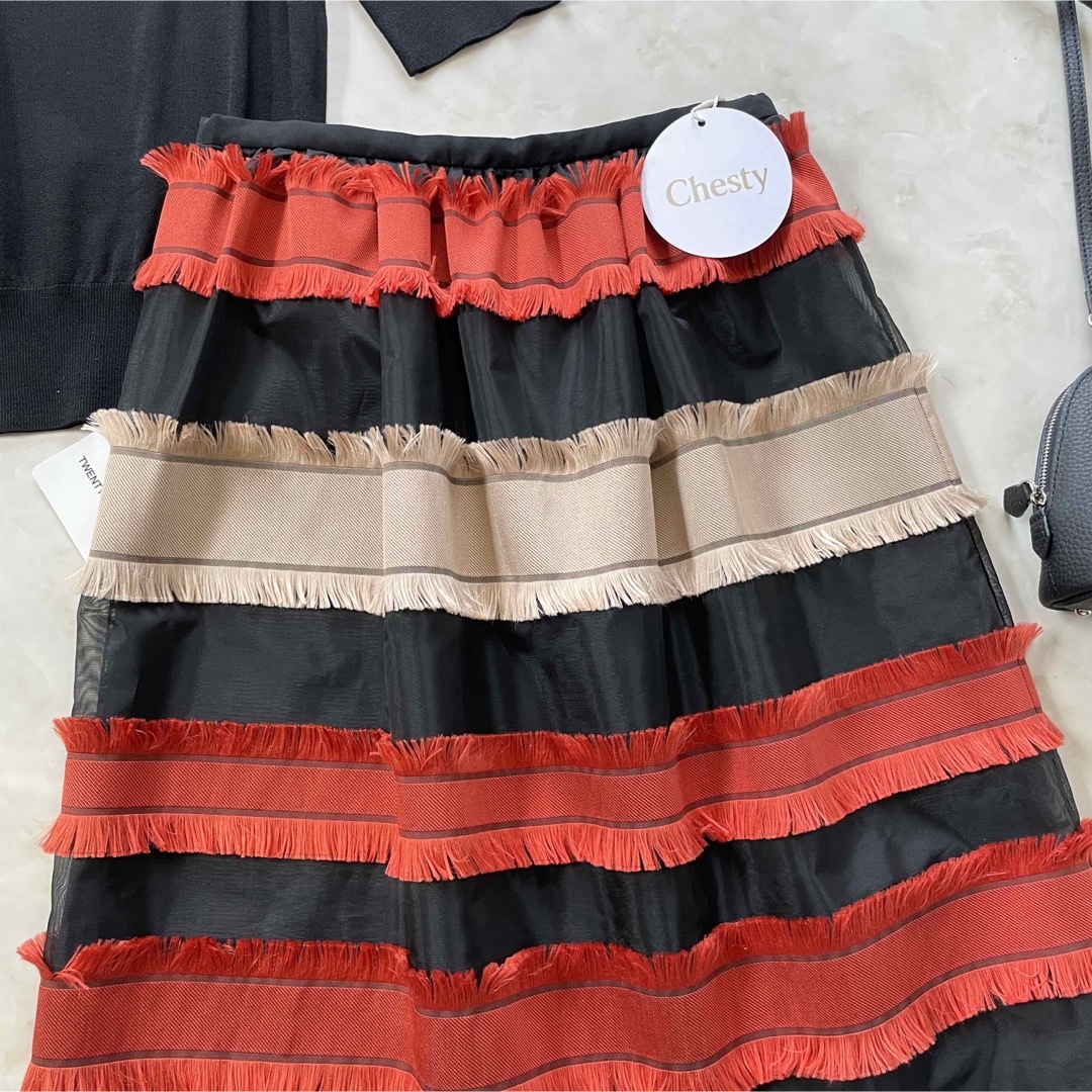 Chesty(チェスティ)の新品1.9万チェスティジャガードボーダーオーガンジーシアースカート台形膝丈 レディースのスカート(ひざ丈スカート)の商品写真