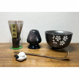 【新品・4点セット】黒竹 茶筅 茶杓 茶筅置き 茶碗 百本立 茶せん 茶道具(食器)