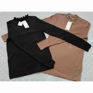 ユニクロ(UNIQLO)の新品タグ付き　ユニクロ　カットソー　Sサイズ2枚セット　黒＆茶色(カットソー(長袖/七分))