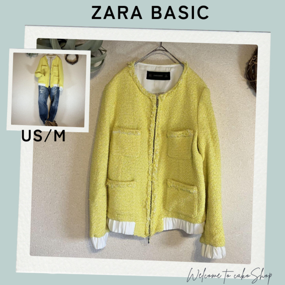 ZARA(ザラ)のザラベーシック　ZARA BASIC　イエロー黄色　ツイードジャケット　US／M レディースのジャケット/アウター(ブルゾン)の商品写真