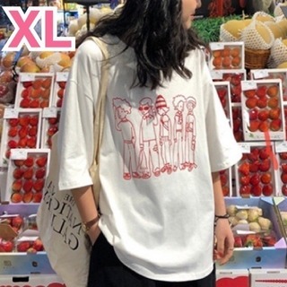 【売れてます】プリント Tシャツ XL ホワイト 半袖 トップス 韓国 ゆったり(Tシャツ(半袖/袖なし))