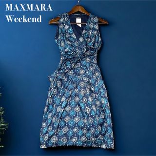 ウィークエンドマックスマーラ(Weekend Max Mara)のマックスマーラ ワンピース 総シルク 絹 腰紐付 L ブルー 青 ウィークエンド(ひざ丈ワンピース)