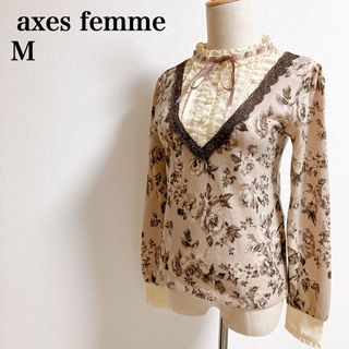 アクシーズファム(axes femme)のaxes femme アクシーズファム　花柄＆リボンカットソー　ピンクベージュ(カットソー(長袖/七分))