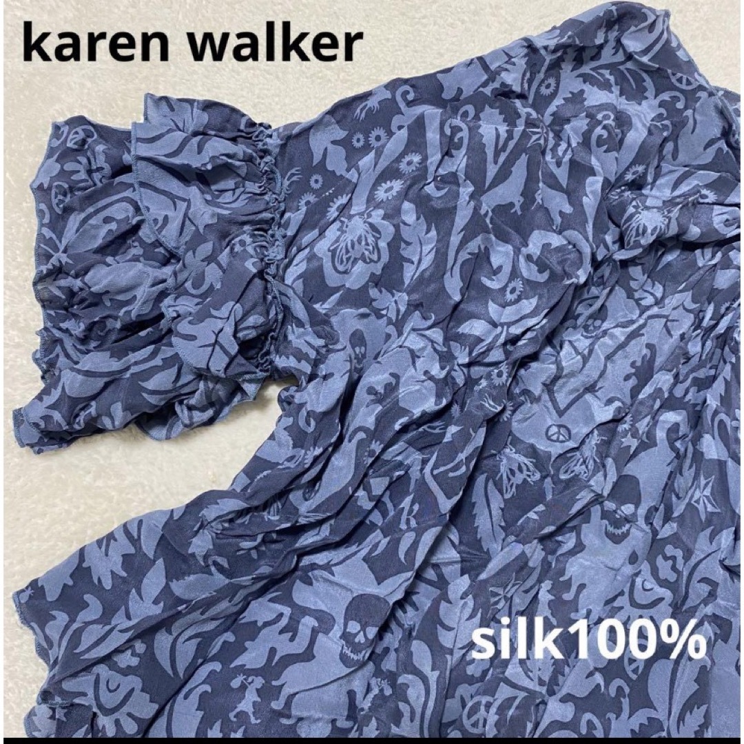 KAREN WALKER(カレンウォーカー)のカレンウォーカー　袖フリルブラウス　マダスク柄　シルク　インポート　ドクロ　昆虫 レディースのトップス(シャツ/ブラウス(半袖/袖なし))の商品写真