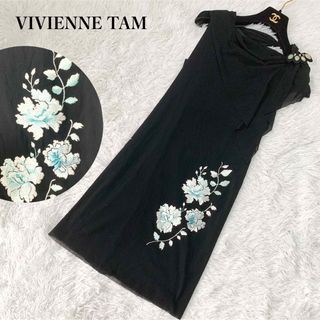 ヴィヴィアンタム(VIVIENNE TAM)のヴィヴィアンタム お花刺繍膝丈ワンピース パワーネット ビジュー 0サイズ(ひざ丈ワンピース)