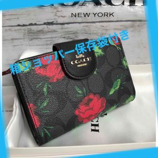 コーチ(COACH)の新品未使用　COACHコーチ　2つ折り財布  シグネチャー花柄　ブラック　赤(財布)