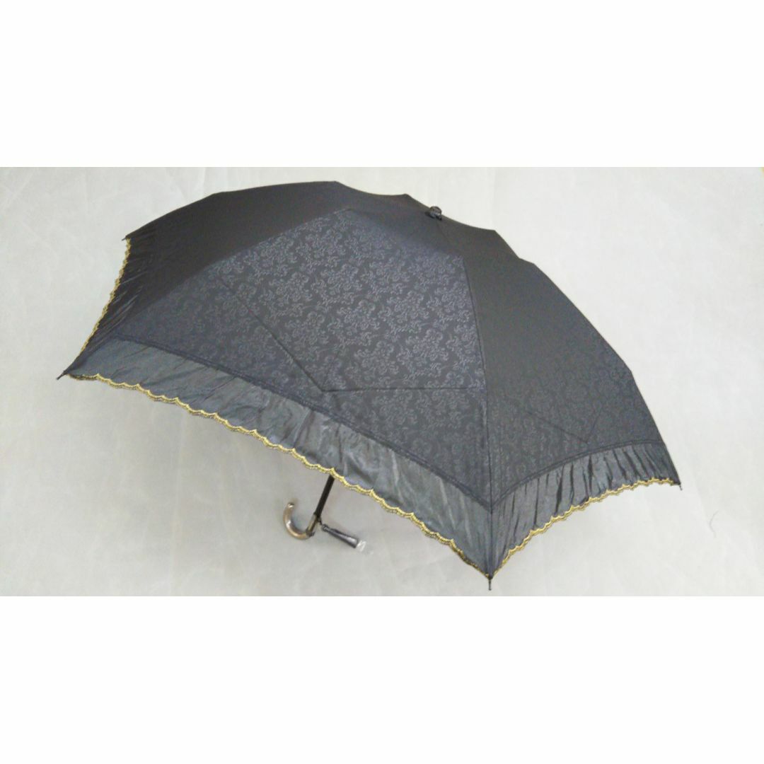晴雨兼用傘　日傘　折たたみ傘　レディース　柄＆無地オーガンジー切継ぎ　縁ゴールド レディースのファッション小物(傘)の商品写真