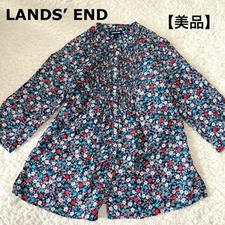 ランズエンド(LANDS’END)の【美品】ランズエンド　サイズL 麻100　濃紺系ベース　フラワー柄ブラウス(チュニック)