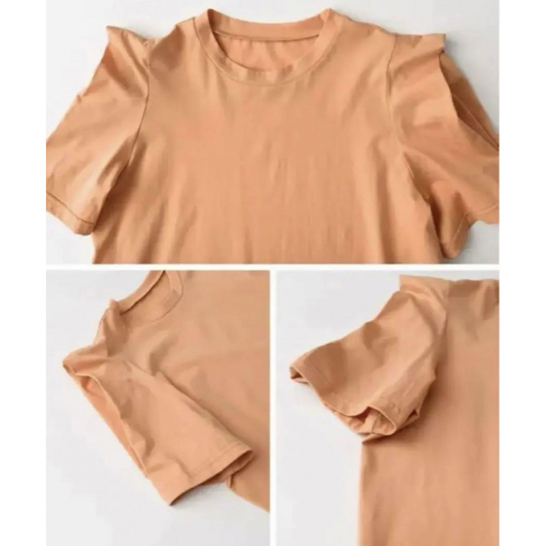 Re:EDIT(リエディ)のシルケットパワショルデザインカットソーTシャツ　グレージュ　L レディースのトップス(Tシャツ(半袖/袖なし))の商品写真