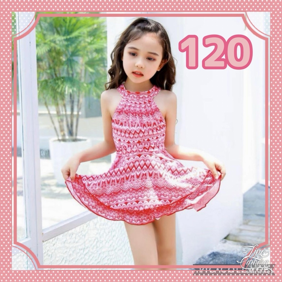 120 女の子 ワンピース 水着 赤 アジアン フリル キッズ プール 海 キッズ/ベビー/マタニティのキッズ服女の子用(90cm~)(水着)の商品写真