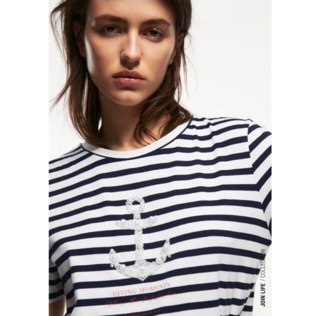 ZARA(ザラ)の【ZARA】ザラ パール付きボーダーTシャツ レディースのトップス(Tシャツ(半袖/袖なし))の商品写真