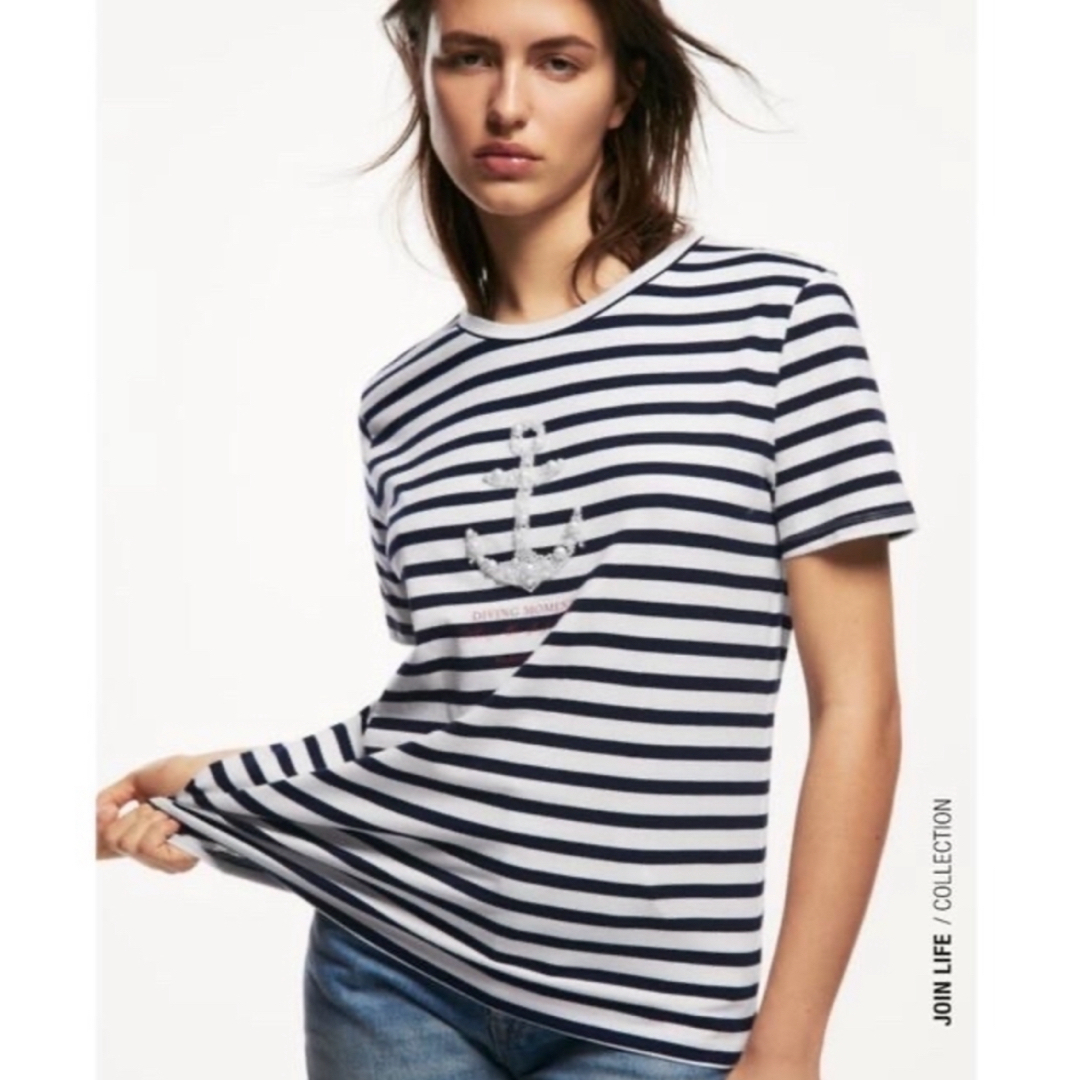 ZARA(ザラ)の【ZARA】ザラ パール付きボーダーTシャツ レディースのトップス(Tシャツ(半袖/袖なし))の商品写真