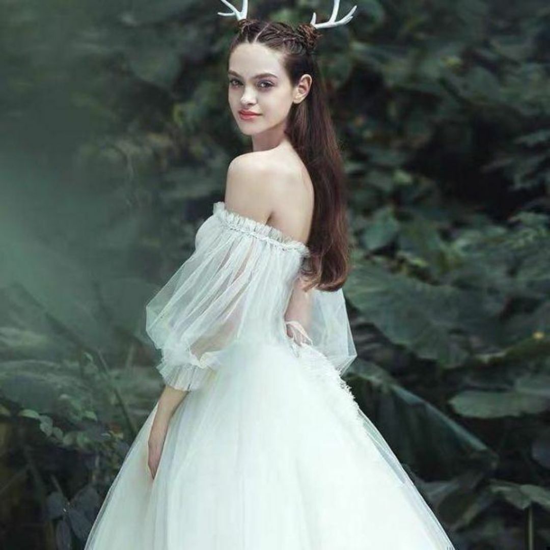 【新品】ウェディング パフスリーブ 取り外し袖 結婚式 ホワイト 花嫁 チュール レディースのフォーマル/ドレス(その他ドレス)の商品写真