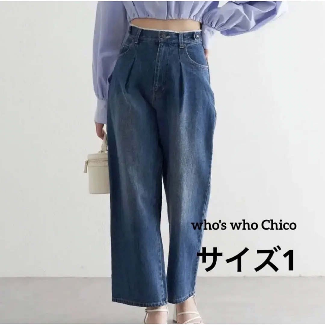 who's who Chico(フーズフーチコ)のchico チコ　タックワイドデニムパンツ　1 M L フーズフーチコ　ジーンズ レディースのパンツ(デニム/ジーンズ)の商品写真