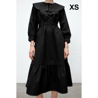 ザラ(ZARA)のZARA ピーターパンカラーミディワンピース 黒 XS(ロングワンピース/マキシワンピース)