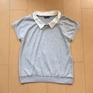 半袖トップス カットソー ニット風 ビジュー パール 襟付き グレー 難アリ(Tシャツ(半袖/袖なし))