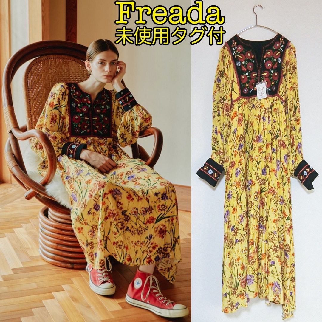 FREAK'S STORE(フリークスストア)の未使用タグ付き　Freada　インドレーヨン花柄プリント刺繍ワンピース　イエロー レディースのワンピース(ロングワンピース/マキシワンピース)の商品写真