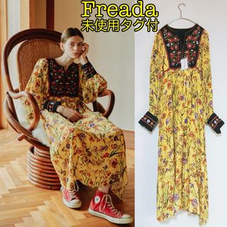 フリークスストア(FREAK'S STORE)の未使用タグ付き　Freada　インドレーヨン花柄プリント刺繍ワンピース　イエロー(ロングワンピース/マキシワンピース)