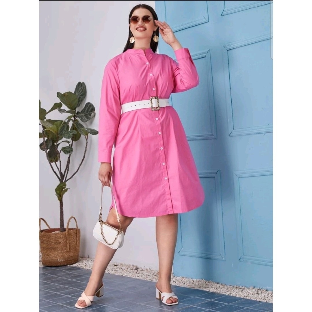 ◎ 新品 》モックネック ボタンフロント  シャツドレス 3XL ピンク レディースのワンピース(ひざ丈ワンピース)の商品写真