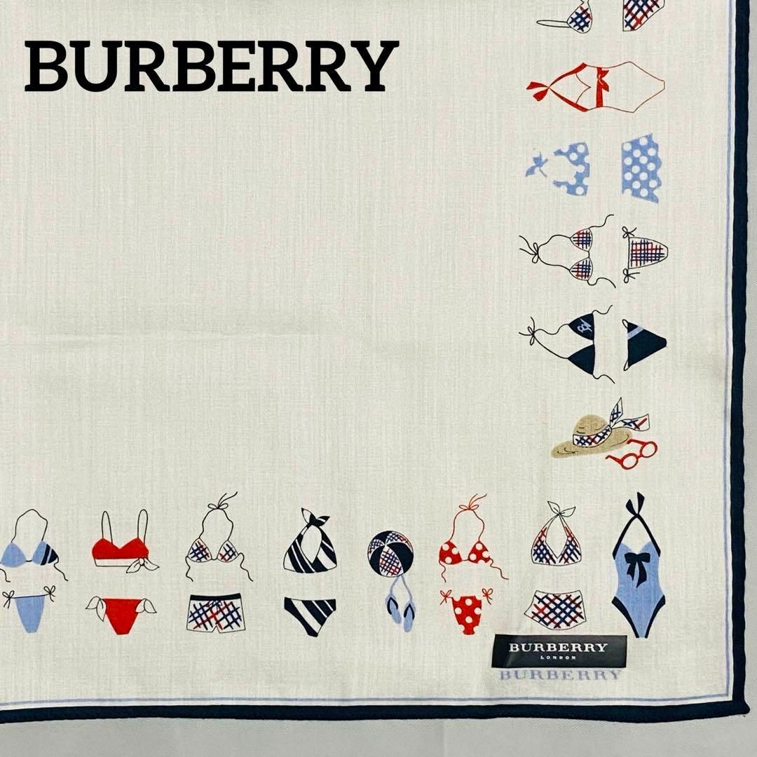 BURBERRY(バーバリー)の未使用品★BURBERRY★ハンカチ 大判 水着 麦わら帽子 ホワイト ネイビー レディースのファッション小物(ハンカチ)の商品写真