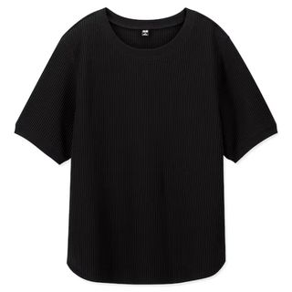 ユニクロ(UNIQLO)のユニクロ ワッフルクルーネックT 半袖 ブラック XL(Tシャツ(半袖/袖なし))