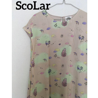 スカラー(ScoLar)のScoLar スカラー ワンピース 個性的 猫 犬 ピンク パステルカラー M(ロングワンピース/マキシワンピース)
