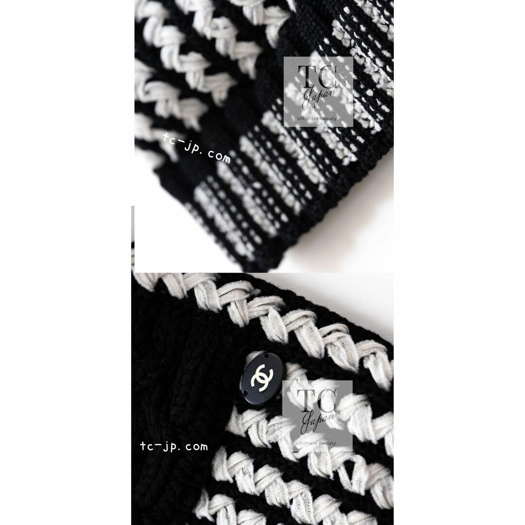 CHANEL(シャネル)のシャネル カーディガン CHANEL ブラック オフ ホワイト コットン ニット スカート セットアップ 超美品 36 38 レディースのトップス(カーディガン)の商品写真