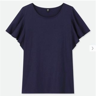 ユニクロ(UNIQLO)の美品　UNIQLO ユニクロ  フリルスリーブT半袖 L ネイビー(シャツ/ブラウス(半袖/袖なし))