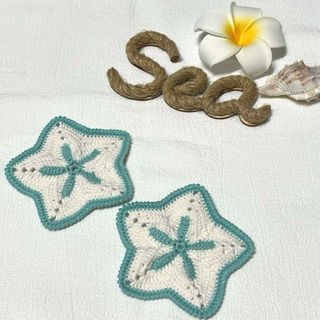 【在庫販売】ハンドメイド ヒトデ☆コースター 2枚セット (グリーン)(キッチン小物)