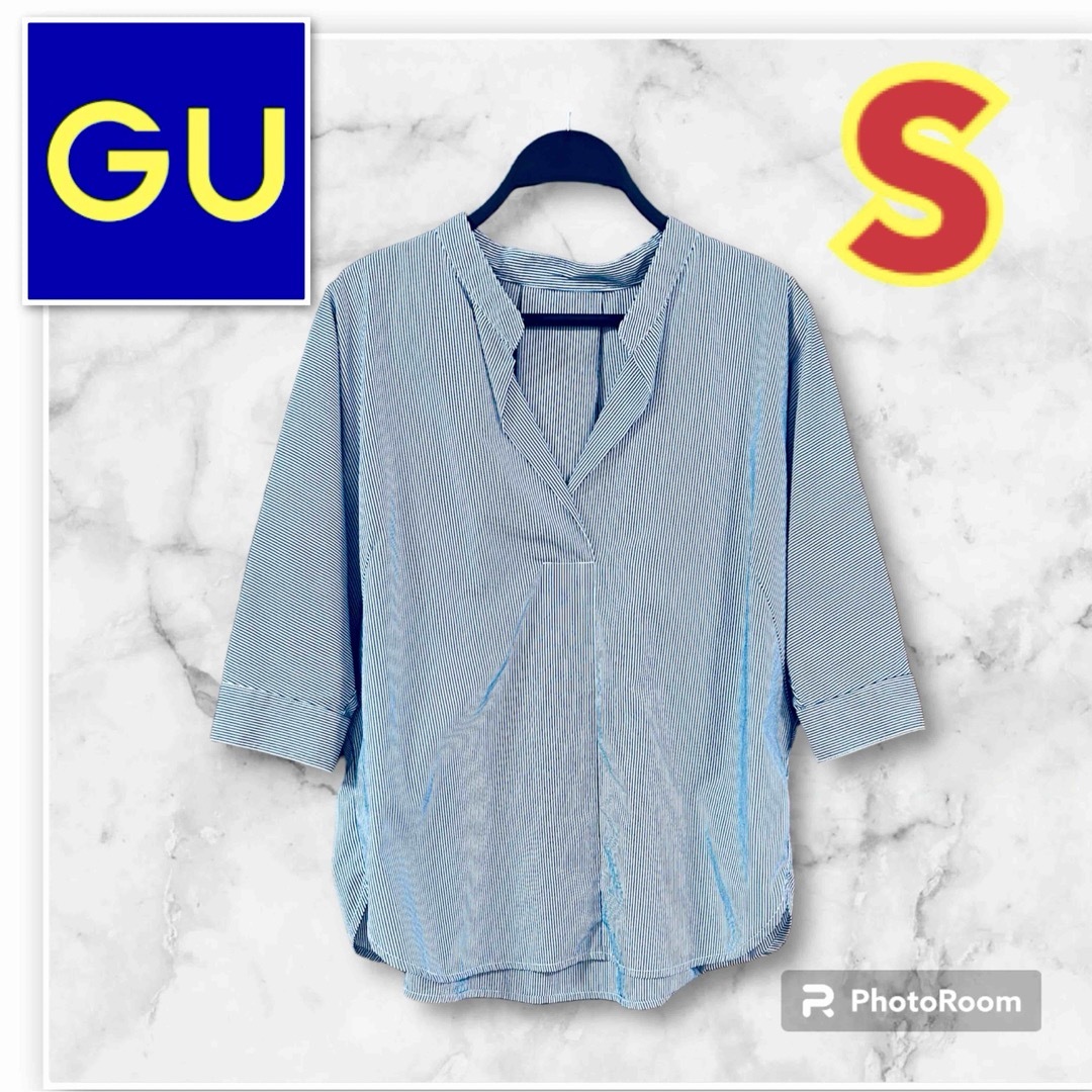 GU(ジーユー)のGU ジーユー スキッパー シャツ Sサイズ 7号 ボーダー マリン 紺 7分袖 レディースのトップス(シャツ/ブラウス(長袖/七分))の商品写真