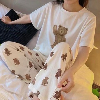 【大人気】レディース くま パジャマ セット Tシャツ ロングパンツ 白色 XL(ルームウェア)