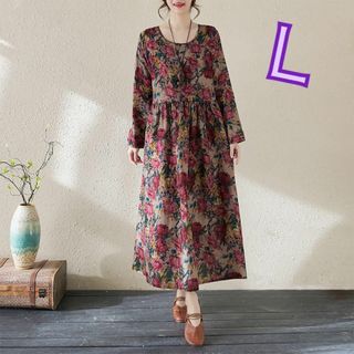 【L】ロングワンピース　花柄　フレア　体型カバー　レッド　韓国(ロングワンピース/マキシワンピース)