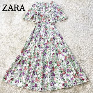 ザラ(ZARA)のZARA ザラ　マキシ丈　花柄ロングティアードワンピース　フラワー　Mサイズ(ロングワンピース/マキシワンピース)