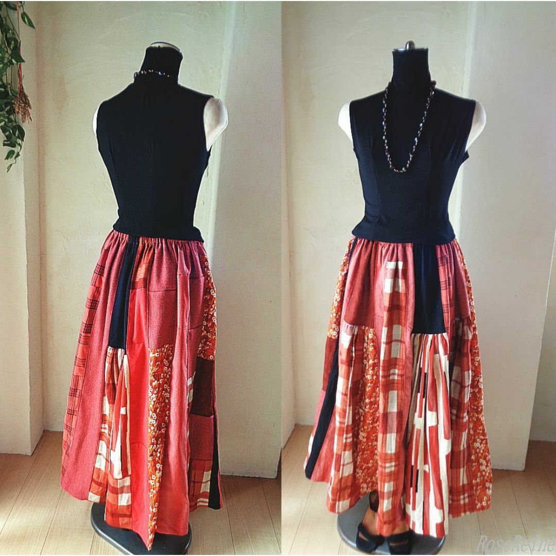 絵画なパッチワーク♥black&coral♥変形ティアード ギャザースカート レディースのスカート(ロングスカート)の商品写真
