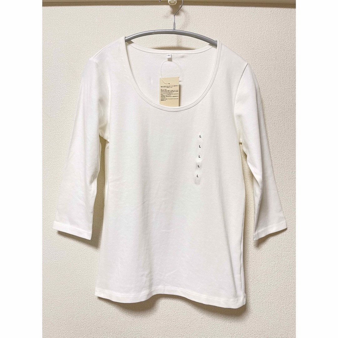 MUJI (無印良品)(ムジルシリョウヒン)の無印良品 オーガニックコットンストレッチ七分袖Tシャツ Lサイズ 未使用 レディースのトップス(Tシャツ(長袖/七分))の商品写真