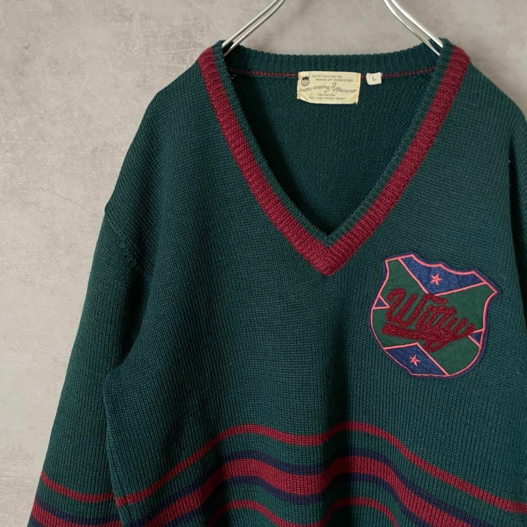 【ウールニット、ワッペン刺繍】vintageリブラインニット古着90s一点もの メンズのトップス(ニット/セーター)の商品写真