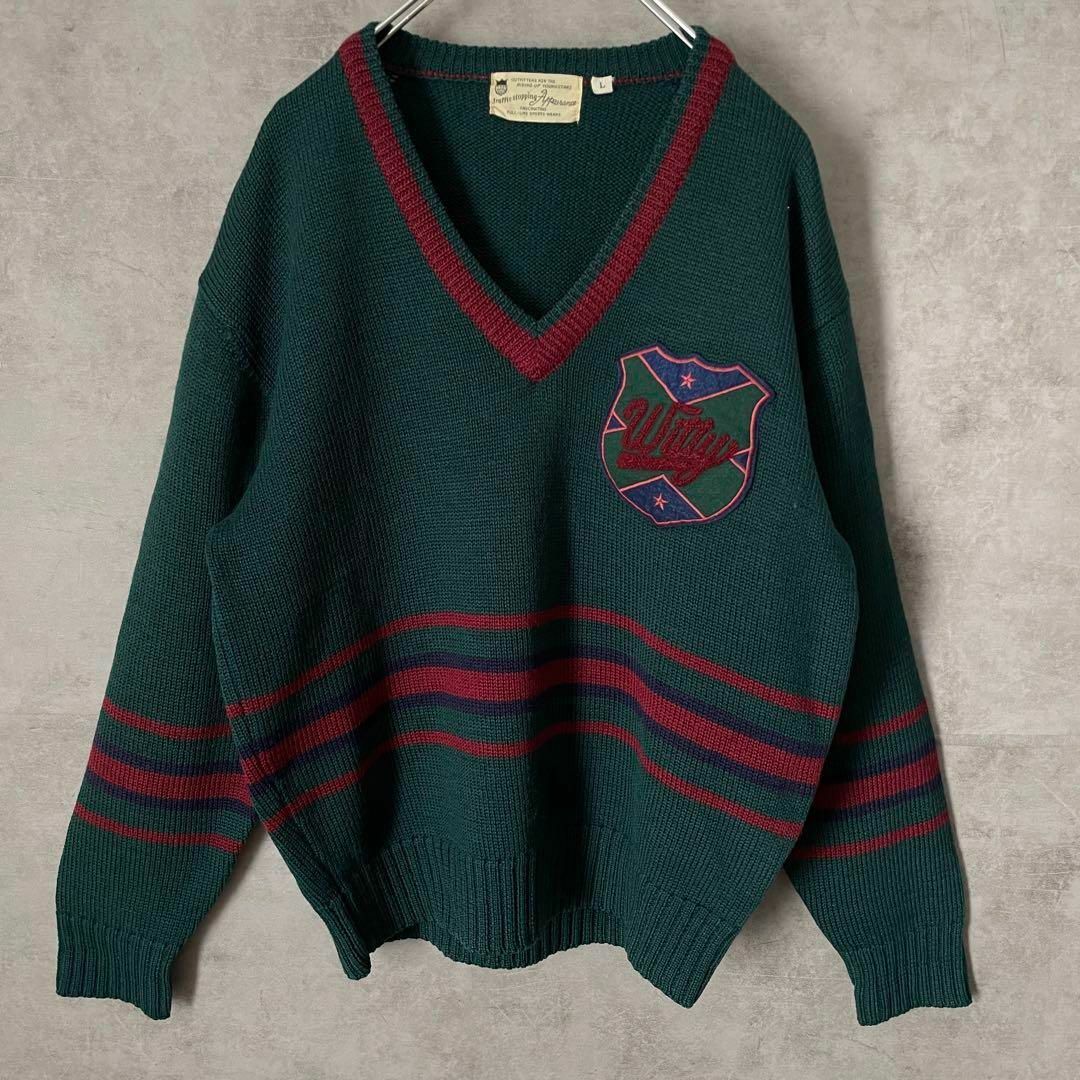 【ウールニット、ワッペン刺繍】vintageリブラインニット古着90s一点もの メンズのトップス(ニット/セーター)の商品写真