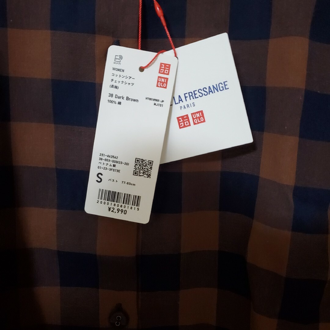 UNIQLO(ユニクロ)の(新品タグ付き)ユニクロ イネス コットンシアーチェックシャツ S レディースのトップス(シャツ/ブラウス(長袖/七分))の商品写真