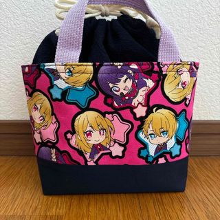 ハンドメイド お弁当袋 保冷保温 ランチトートバック【22】ピンク×ネイビー(ランチボックス巾着)