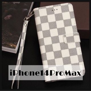 チェック柄 手帳型 iPhoneケース iPhone14ProMax ホワイト(iPhoneケース)