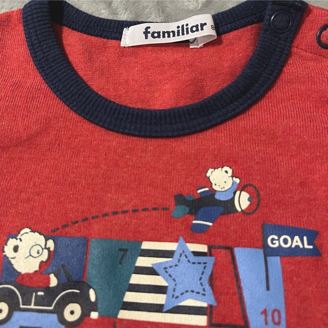 familiar(ファミリア)の美品 familiar ファミリア 長袖 Tシャツ 80 ロンT 赤 ボーダー キッズ/ベビー/マタニティのベビー服(~85cm)(Ｔシャツ)の商品写真