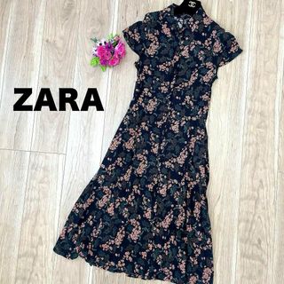 ザラ(ZARA)のZARA 花柄 半袖 ワンピース ブラック S(ロングワンピース/マキシワンピース)