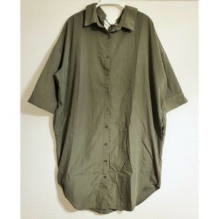 バックリボンシャツ ロングシャツ カーキ オーバーサイズ 七分袖(シャツ/ブラウス(長袖/七分))