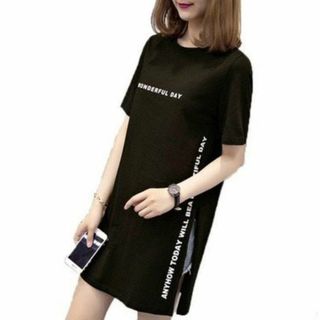 ☆【006400L】ワンポイントロゴ フェイクTシャツ ワンピース風 ブラック(ロングワンピース/マキシワンピース)