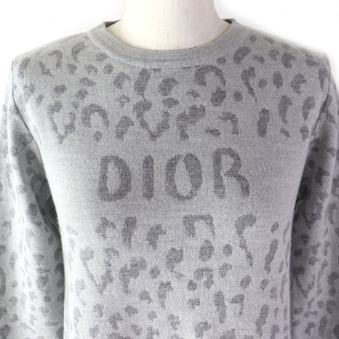 極美品△DIOR ディオール 3WBM14DRSF ウール100％ レオパード柄 ロゴ入り 長袖 ニット ワンピース グレー系 12 イタリア製 キッズ レディース可 レディースのワンピース(ひざ丈ワンピース)の商品写真