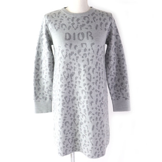 極美品△DIOR ディオール 3WBM14DRSF ウール100％ レオパード柄 ロゴ入り 長袖 ニット ワンピース グレー系 12 イタリア製 キッズ レディース可(ひざ丈ワンピース)