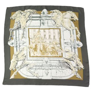 エルメス(Hermes)の極美品△HERMES エルメス LA FONTAINE DE BARTHOLDI バルトルディの泉 カレ90 シルク100％ スカーフ グレー ベージュ ホワイト系 フランス製 レディース(バンダナ/スカーフ)