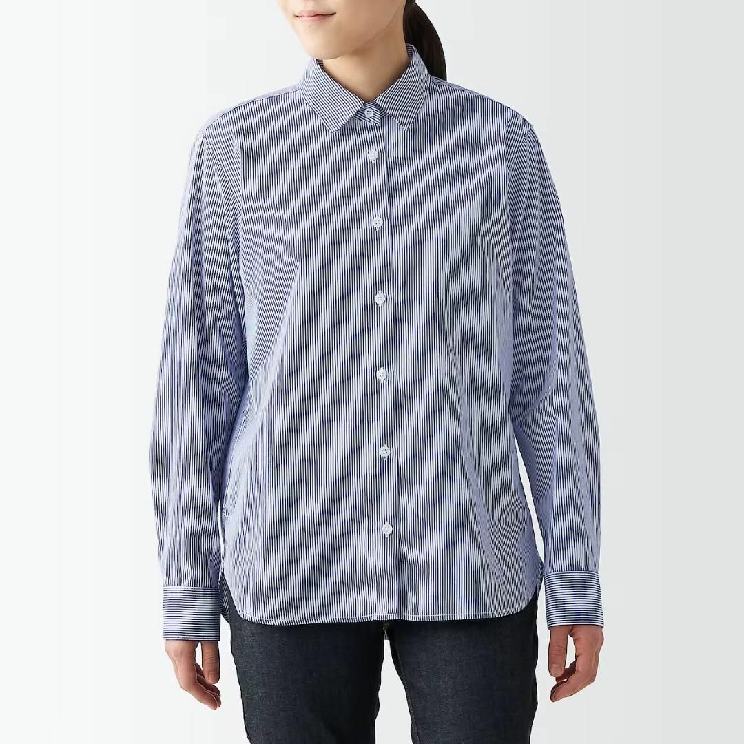 MUJI (無印良品)(ムジルシリョウヒン)の無印良品 洗いざらしブロードレギュラーカラーシャツ ネイビーストライプ XL レディースのトップス(シャツ/ブラウス(長袖/七分))の商品写真